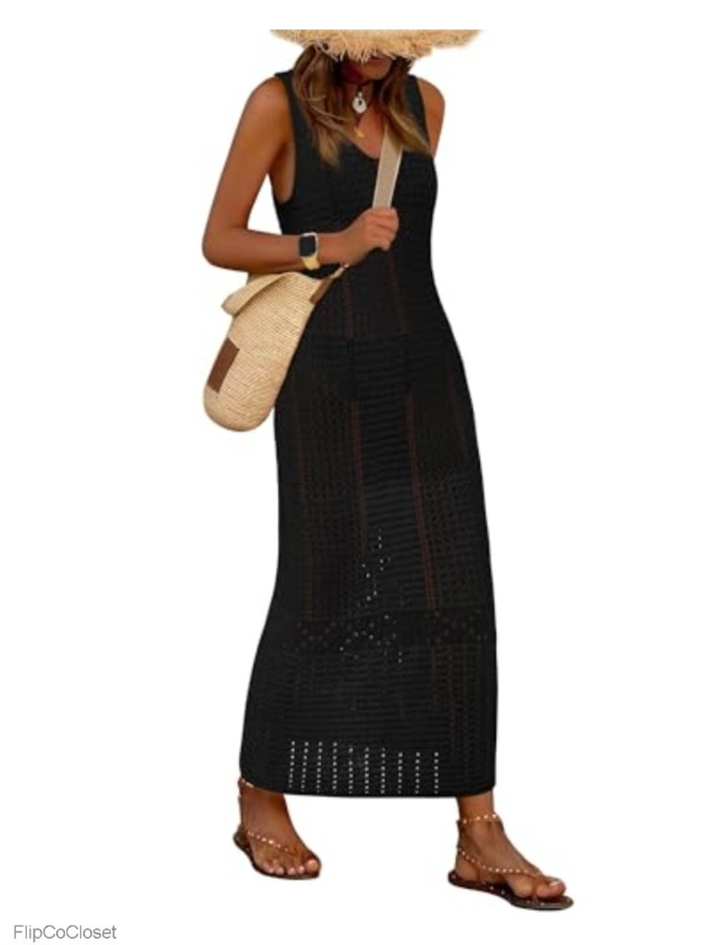 Women's Crochet Maxi Cover-Up Sleeveless V-Neck Beach Swim Coverup